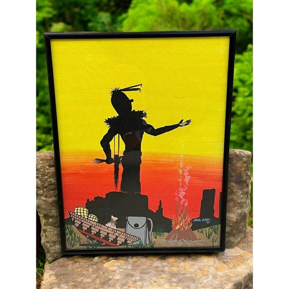 1995 Hand Painted Native Indian Oil Painting by Jack June Vintage Custom